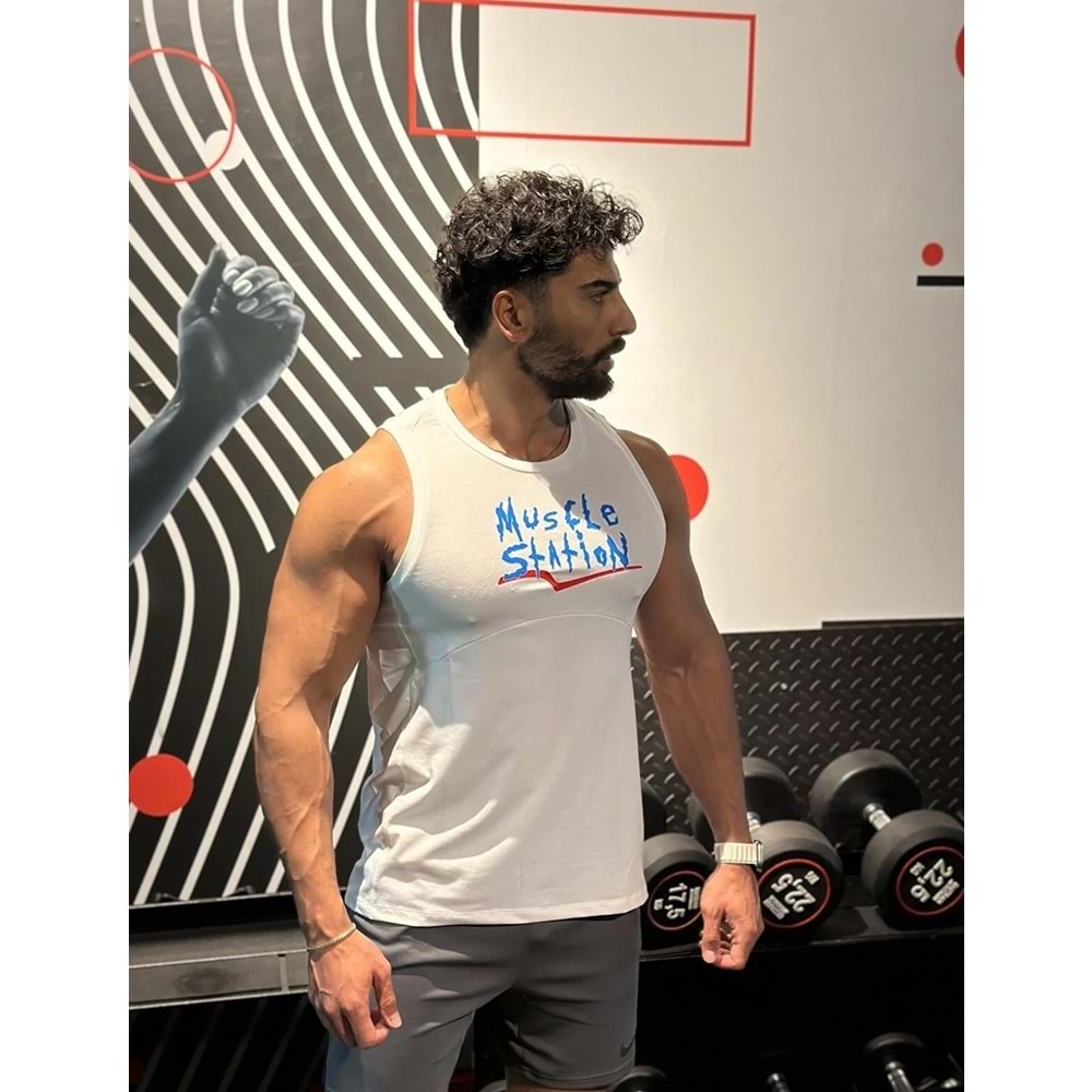 Muscle Station Fitness Antrenman Atlet BEYAZ SIFIR YAKA - XL