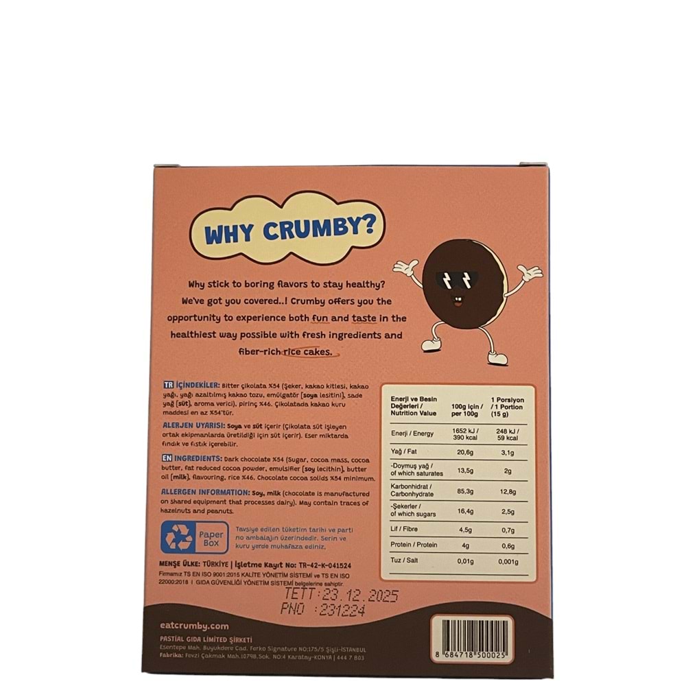 CRUMBY Pirinç Patlağı 3 Ad. x 45 gr Bitter Çikolatalı