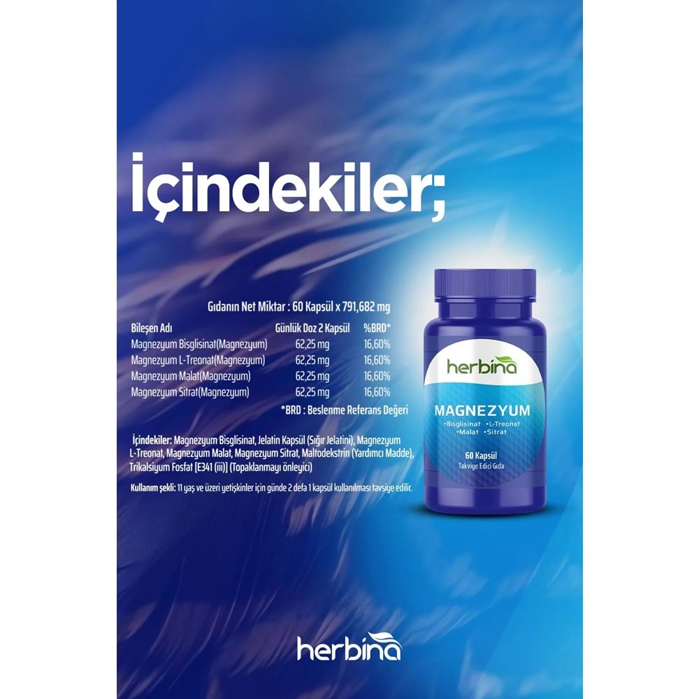 HERBİNA Magnezyum Bisglisinat L-Treonat Malat Sitrat 60 Kapsül