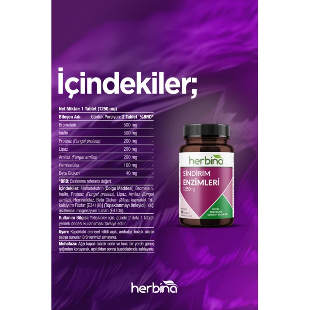 HERBİNA Sindirim Enzimleri (Bromelain-Lipaz-Proteaz) 60 Tablet