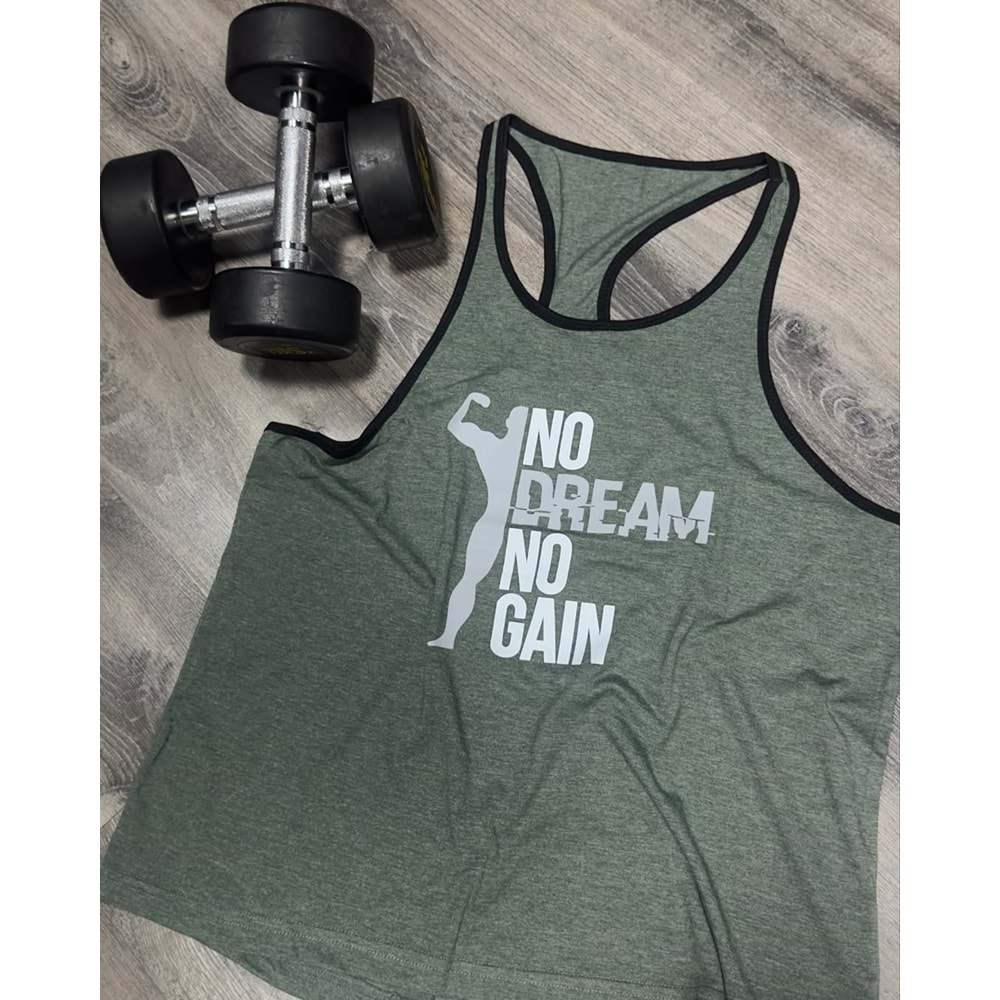 No Dream No Gain Baskılı Erkek Fitness Sporcu Atleti - Koyu Haki - XXL