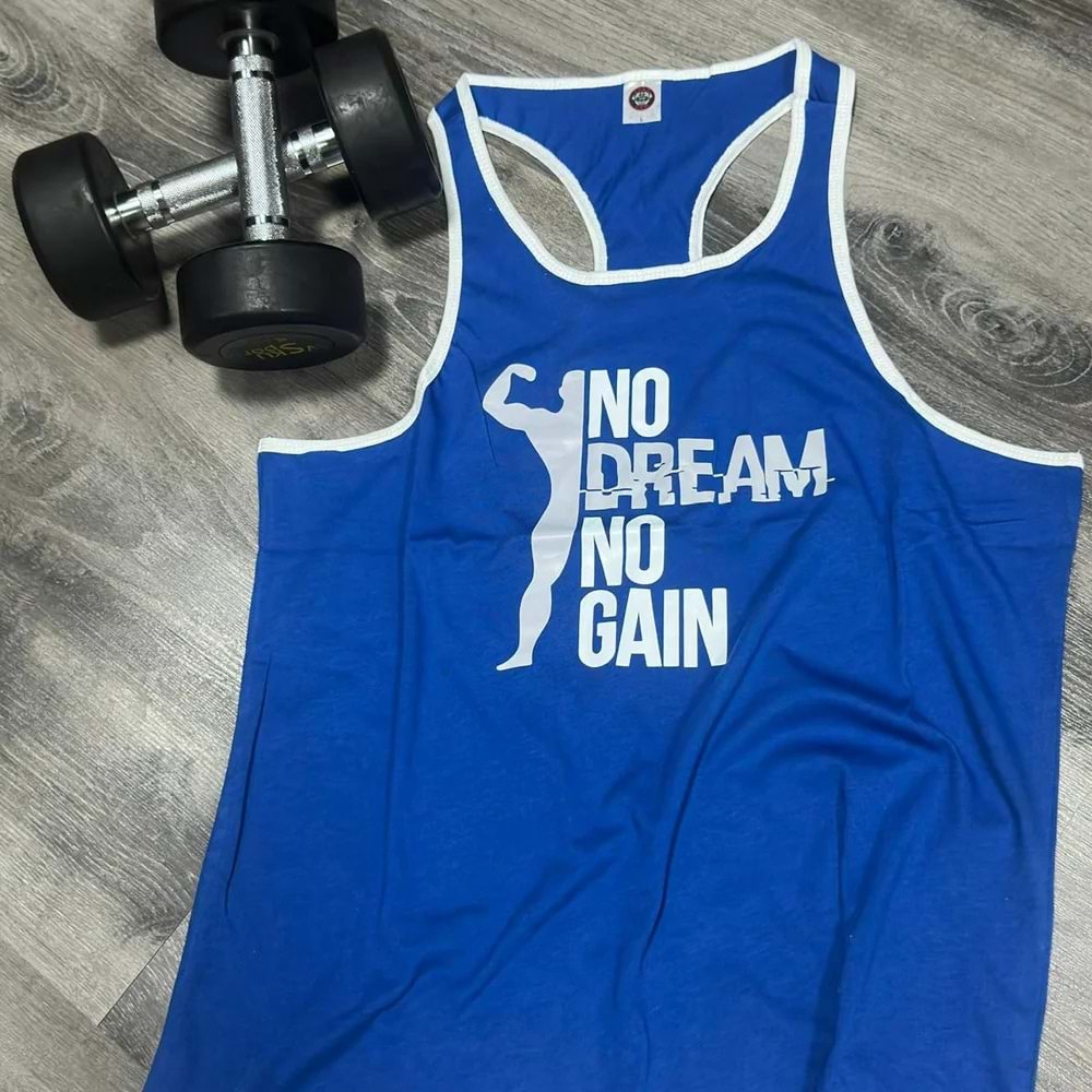 No Dream No Gain Baskılı Erkek Fitness Sporcu Atleti - MAVİ - XL