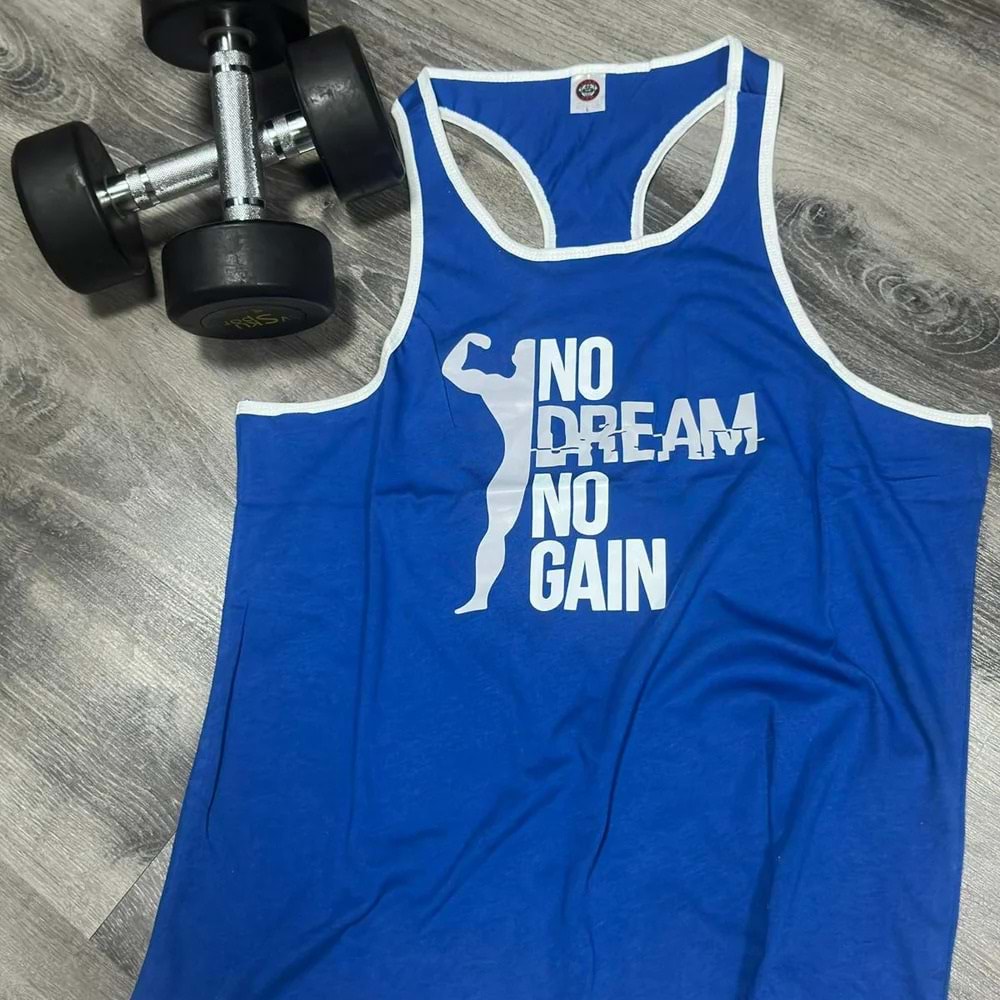 No Dream No Gain Baskılı Erkek Fitness Sporcu Atleti - MAVİ - XXL