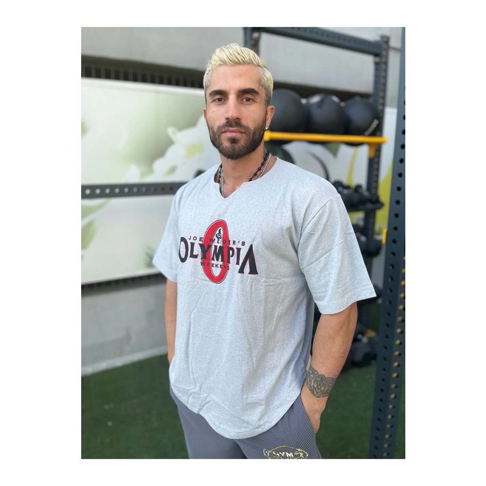 Joe Weıders OLYMPIA Baskılı Erkek Fitness Sporcu T-shırt - GRİ - S