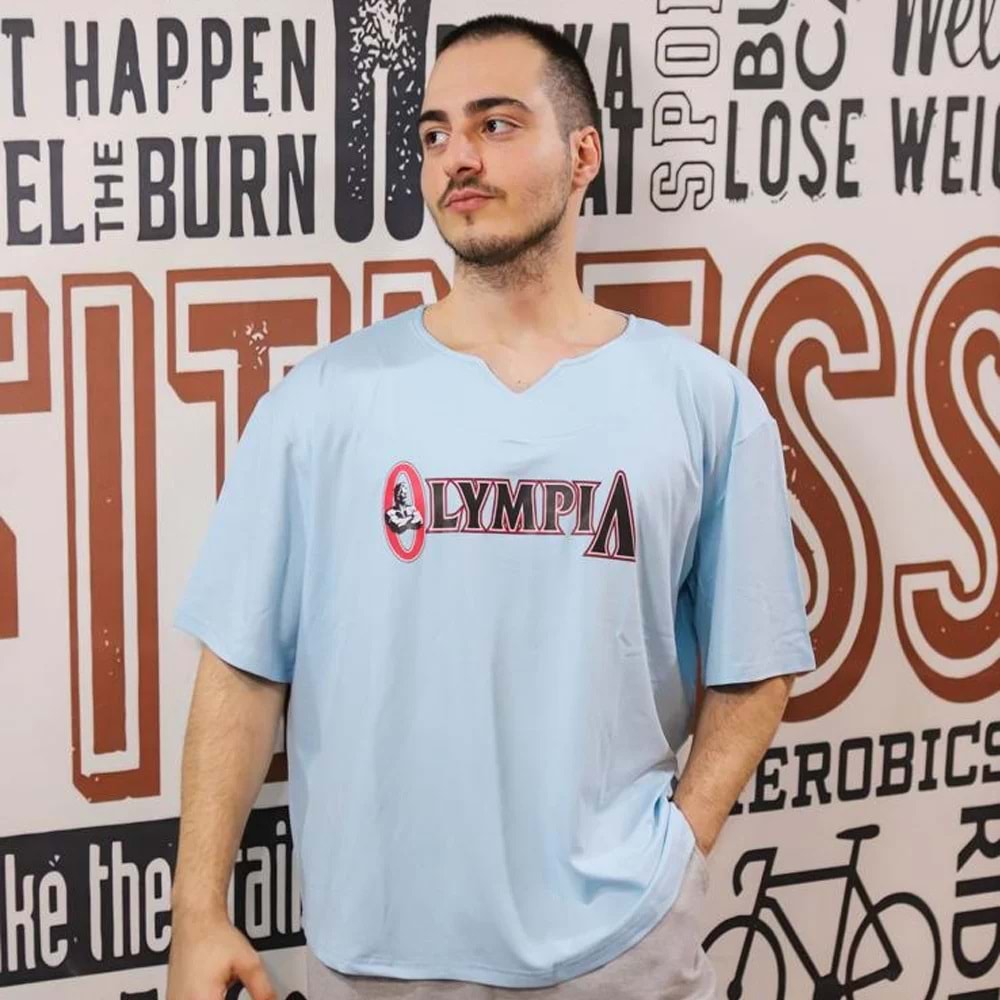 OLYMPIA Baskılı Erkek Fitness Sporcu T-shırt - AÇIK MAVİ - L