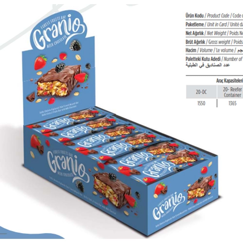 GRANIO Çikolatalı Yulaflı Kırmızı Meyveli Bar 24 x 40 Gr