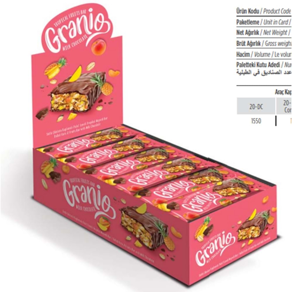 GRANIO Çikolatalı Yulaflı Tropikal Meyveli Bar 24 x 40 Gr