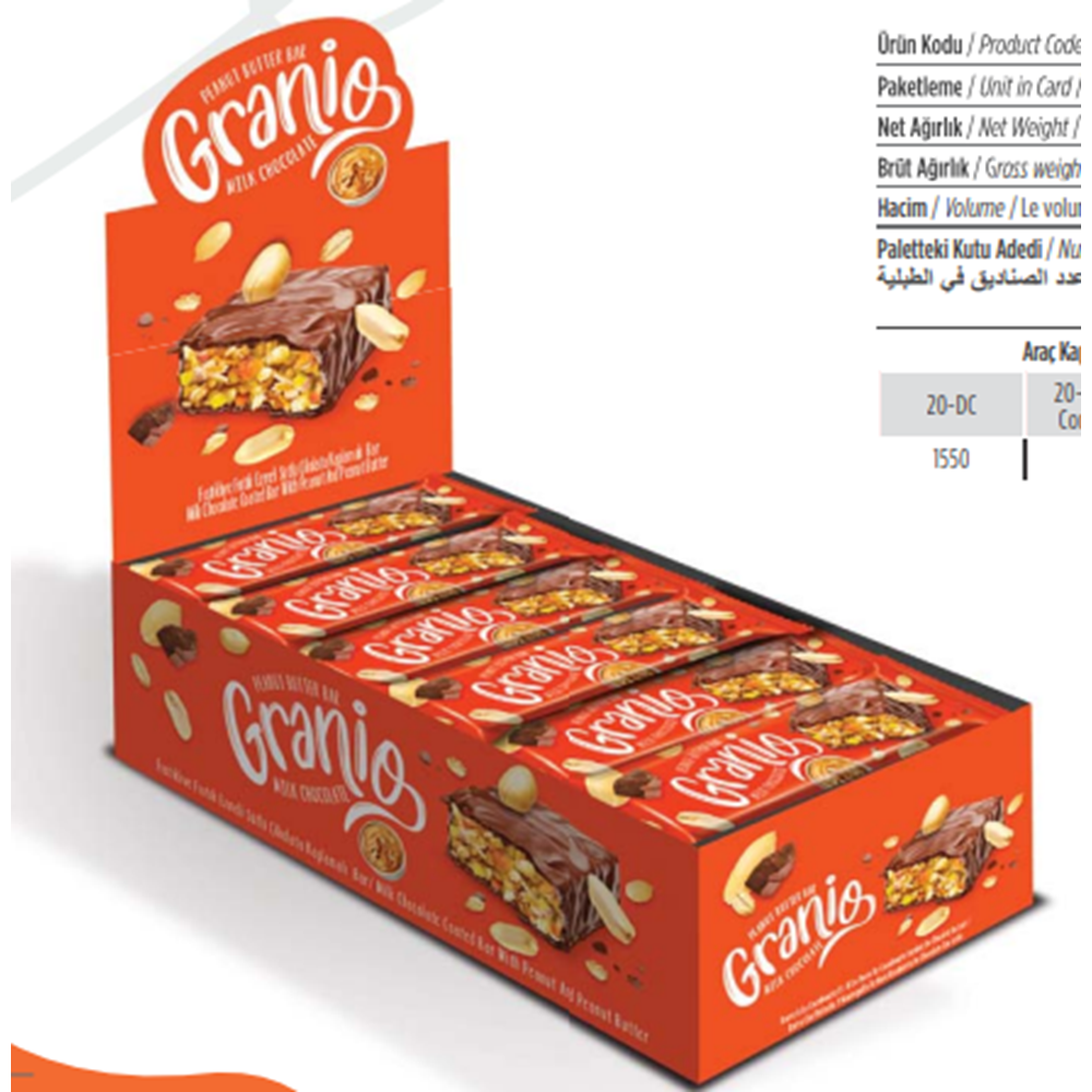 GRANIO Çikolatalı Fıstık ezmeli Bar 24 x 40 Gr
