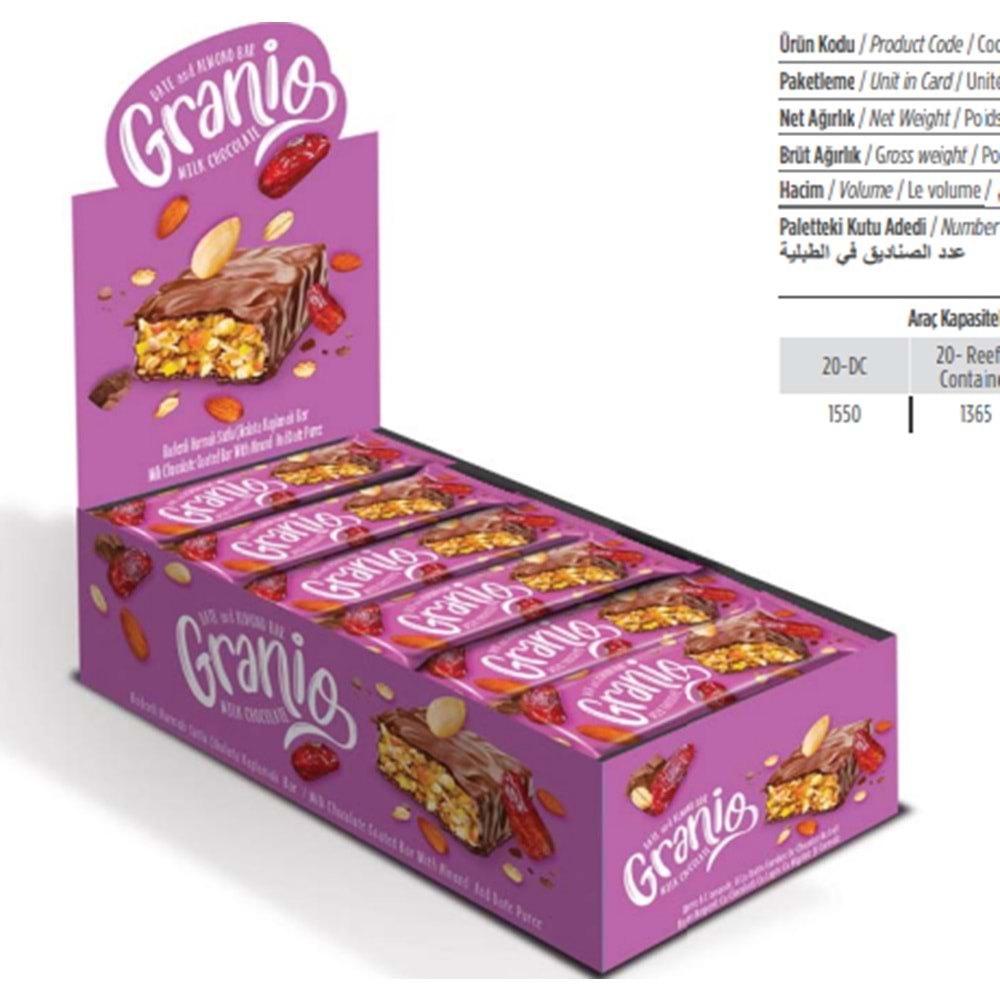 GRANIO Çikolatalı Bademli & Hurmalı Bar 24 x 40 Gr