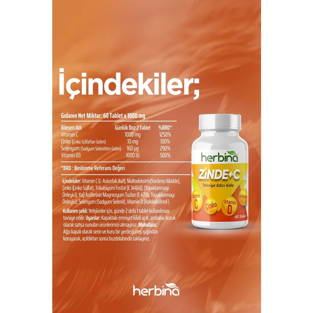 HERBİNA ZİNDE+C VİTAMİN C,ÇİNKO,VİTAMİN D, SELENYUM 60 TABLET