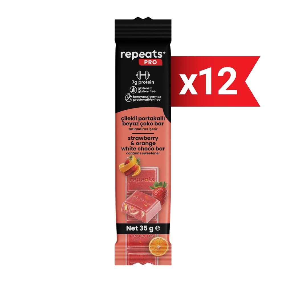 repeats Proteinli Çilekli Portakallı Beyaz Çoko Bar 35gr X 12 Adet