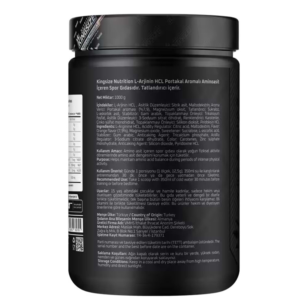 Kingsize Nutrition Arginine Complex Powder Portakal 1000 G