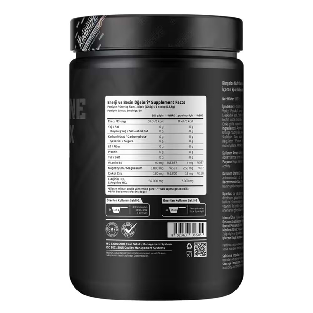 Kingsize Nutrition Arginine Complex Powder Portakal 1000 G