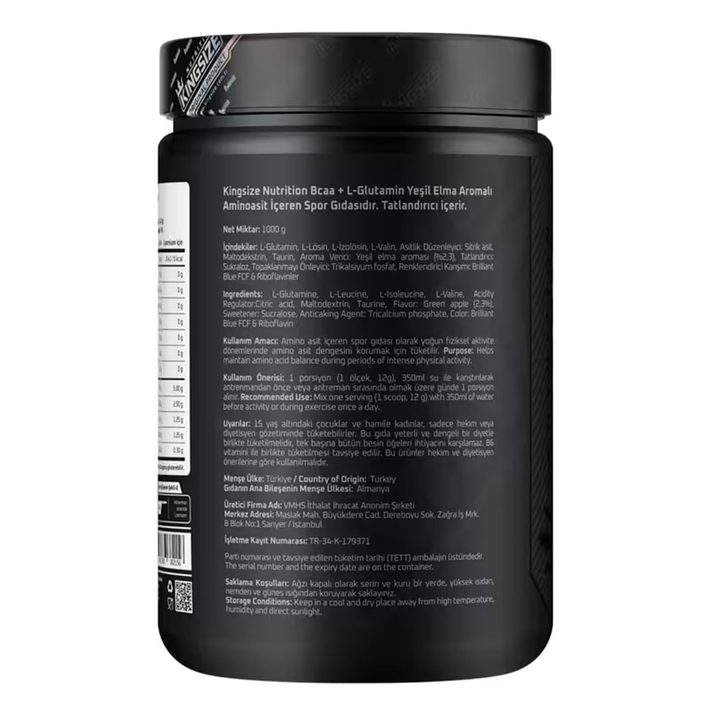 Kingsize Nutrition BCAA + Glutamine Powder Y.Elma 1000 G