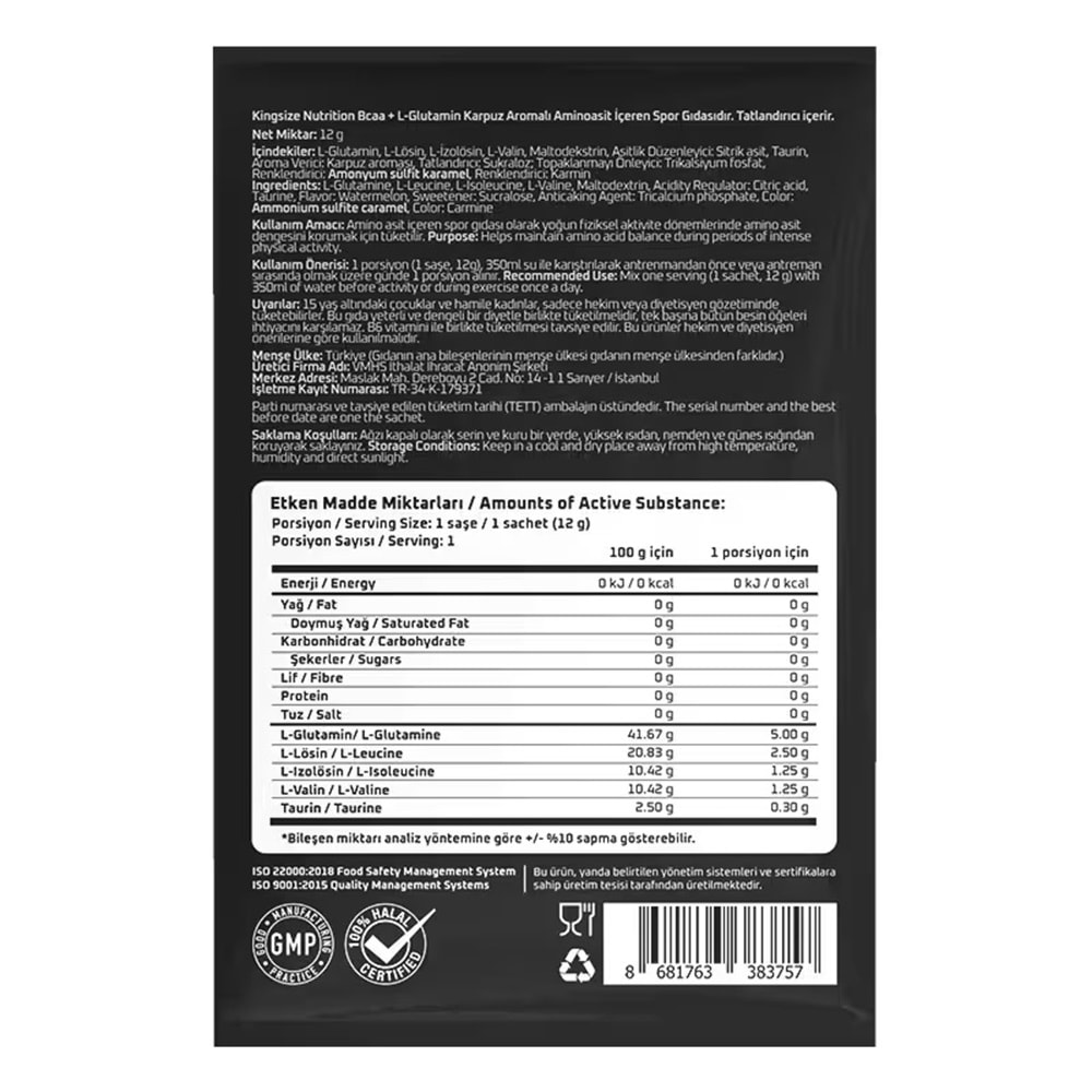 Kingsize Nutrition BCAA + Glutamine Powder Karpuz 12 G