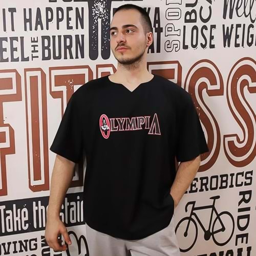 OLYMPIA Baskılı Erkek Fitness Sporcu T-shırt - SİYAH - L