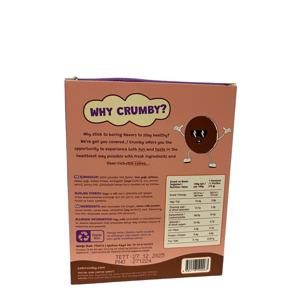 CRUMBY Pirinç Patlağı 3 Ad. x 45 gr Sütlü Çikolatalı