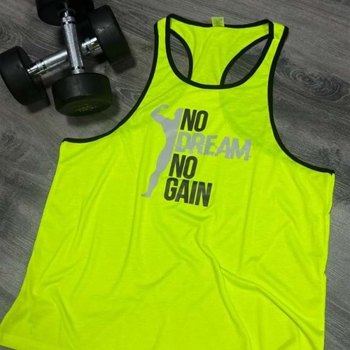 No Dream No Gain Baskılı Erkek Fitness Sporcu Atleti - Neon Yeşil - L