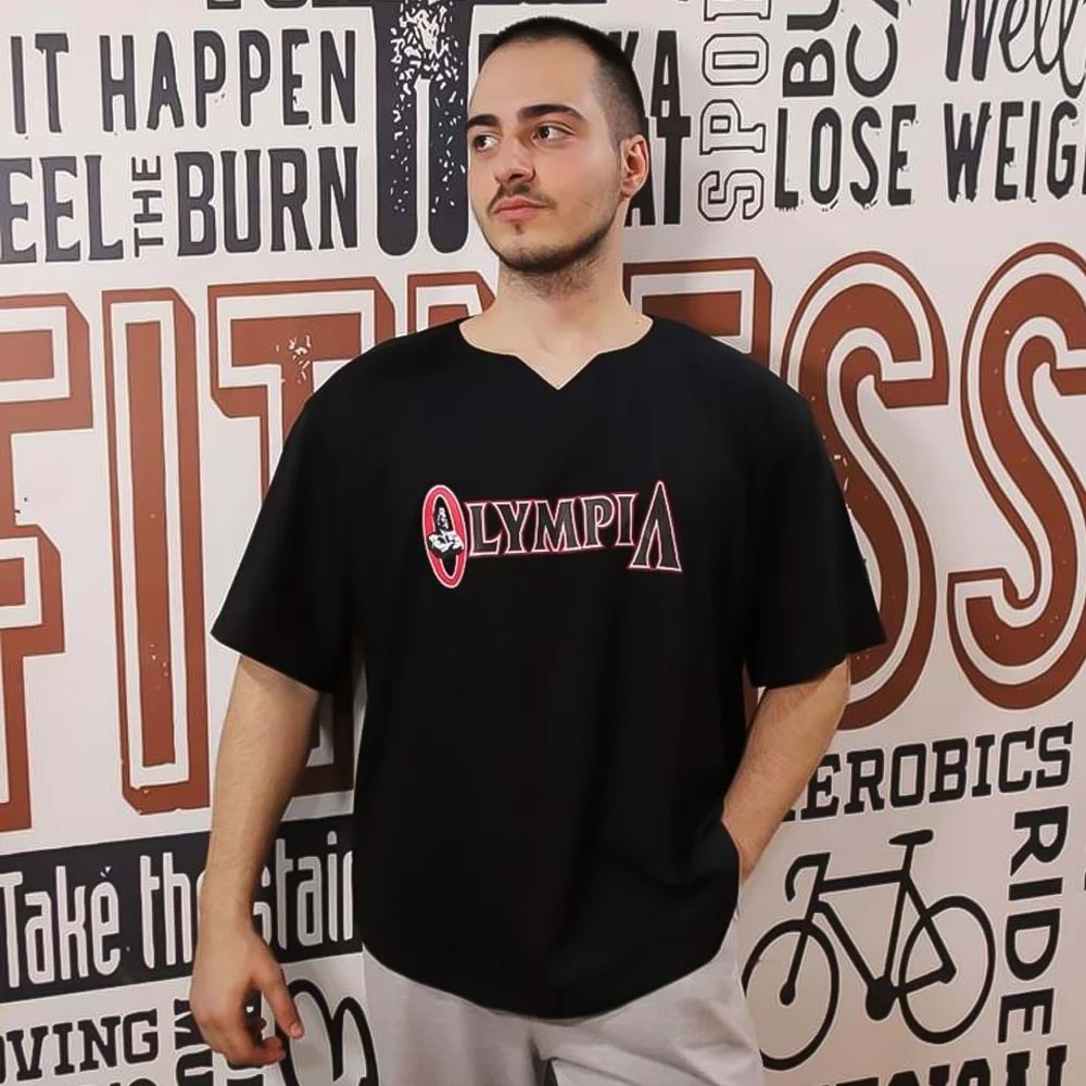 OLYMPIA Baskılı Erkek Fitness Sporcu T-shırt - SİYAH - L