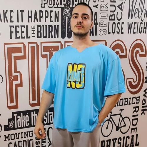 NO LIMIT Baskılı Erkek Fitness Sporcu T-shırt - MAVİ - XXL