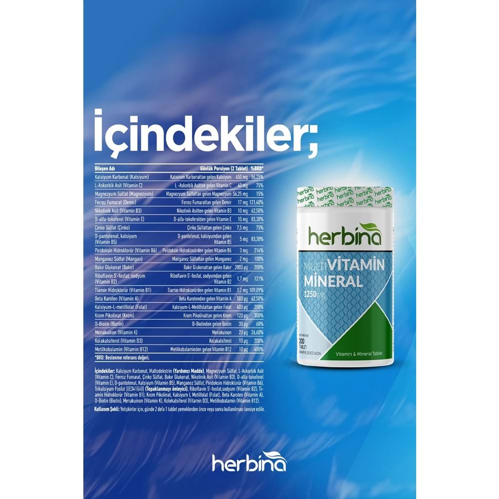 HERBİNA Multivitamin Mineral 1250 mg 200 Tablet
