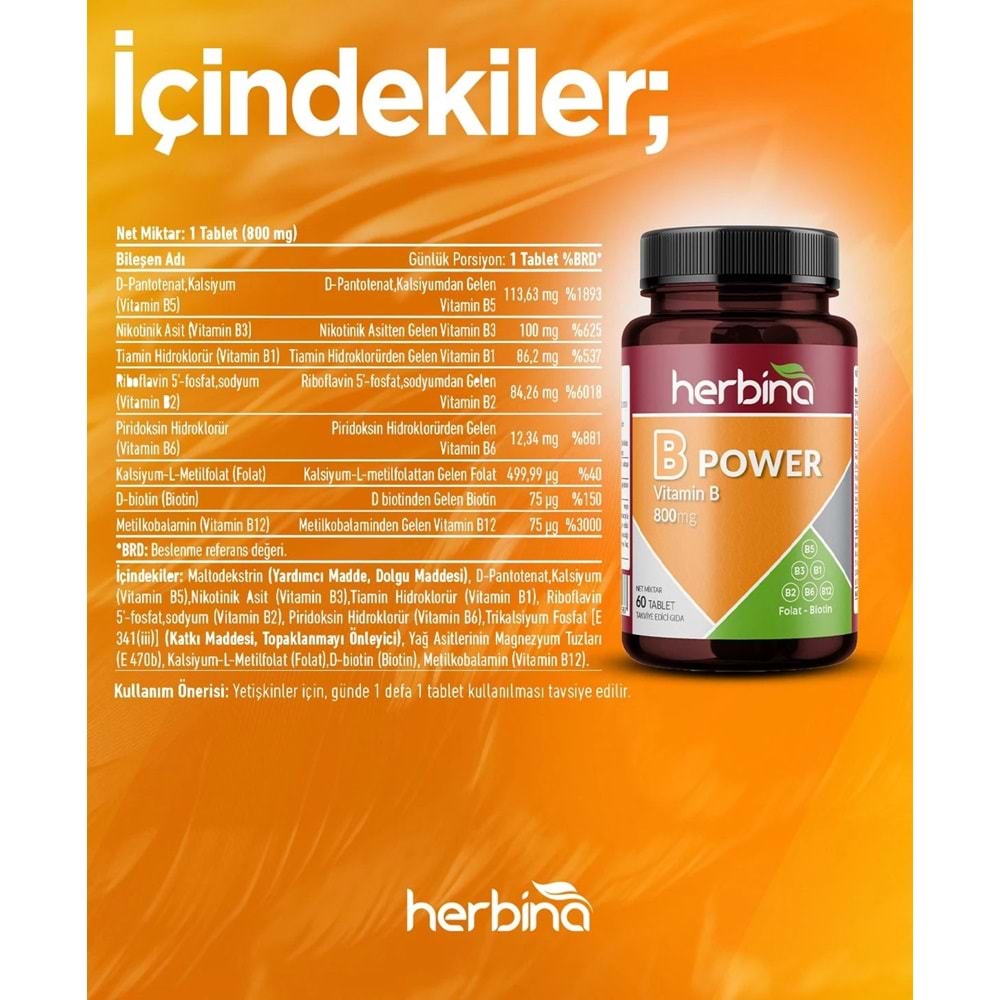 HERBİNA B-Power 800 MG KOMPLEKS 60 TABLET