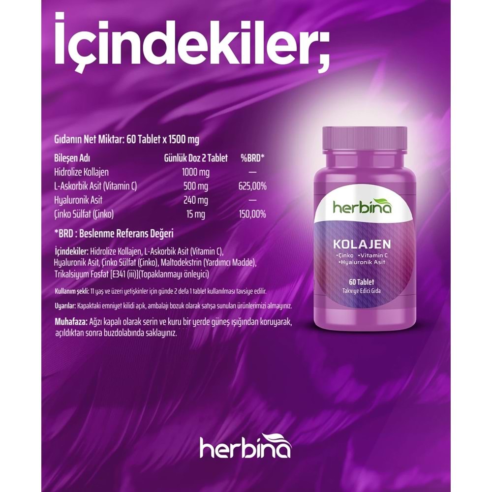 HERBİNA Kolajen Hyaluronik Asit Vitamin C 60 Tablet