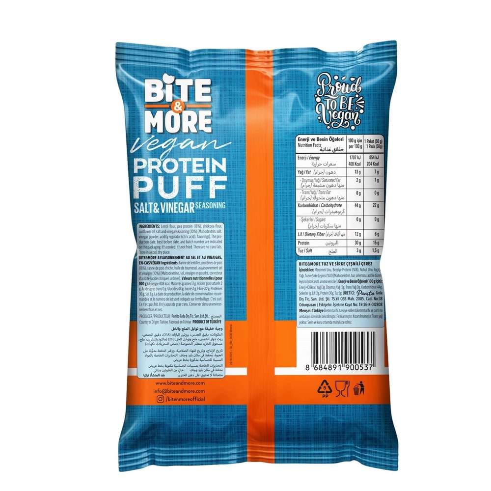 Bite More Proteinli Cips 50g Tuz ve Sirke