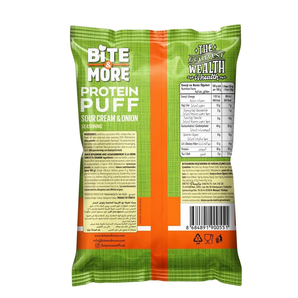 Bite More Proteinli Cips 50g Krema ve Soğan