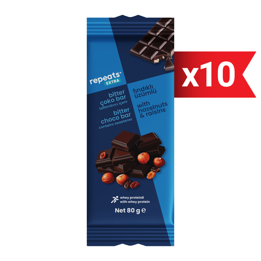 repeats Proteinli Üzümlü Fındıklı Bitter Çoko Bar 80gr X 10 Adet