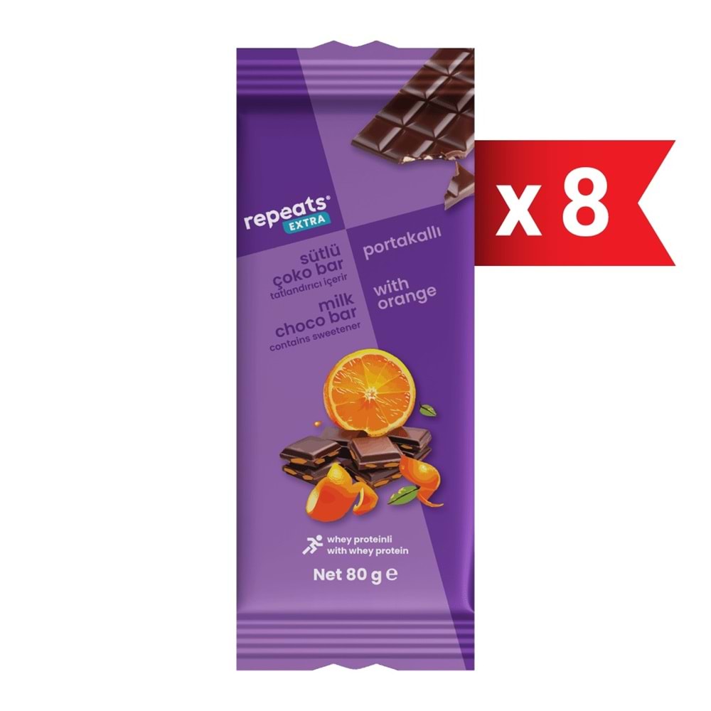 repeats Proteinli Portakallı Sütlü Çoko Bar 80gr X 8 Adet