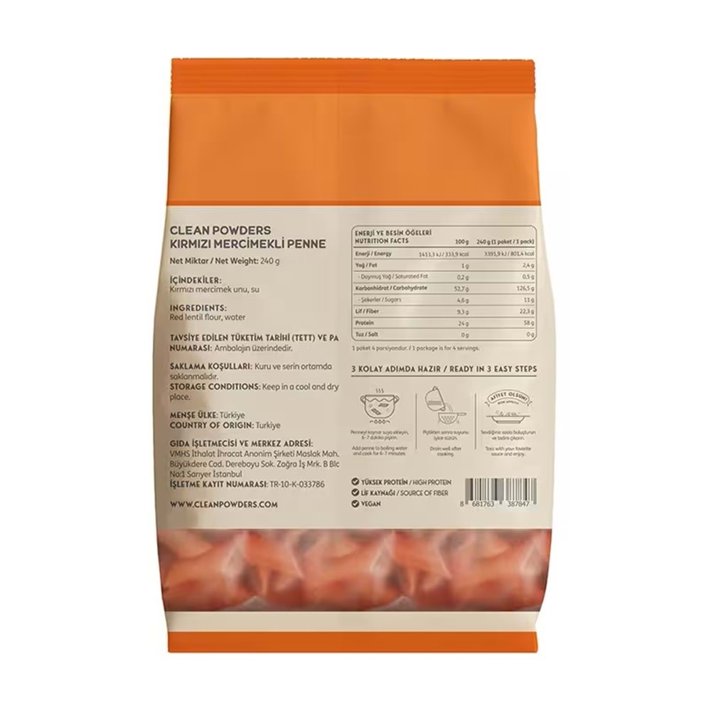 Clean Powders Protein Makarna 240G Kırmızı Mercimek