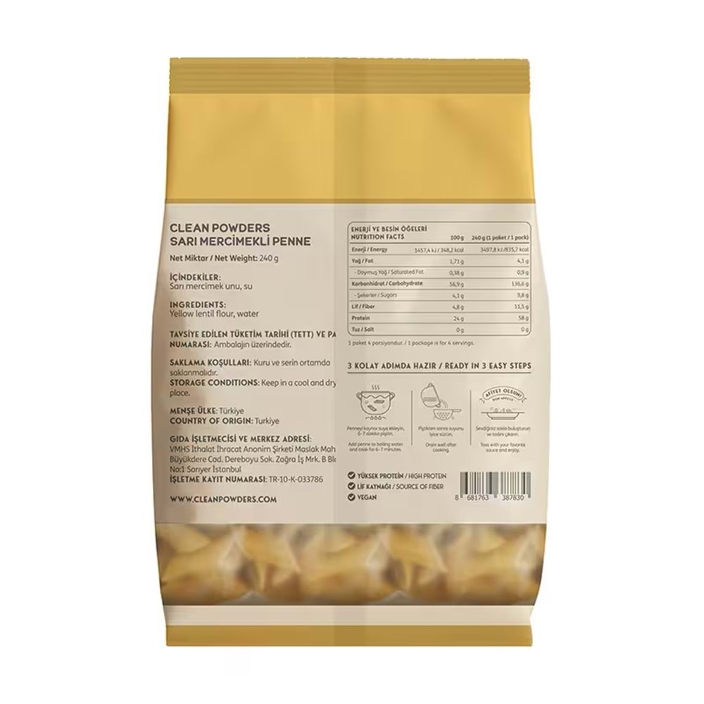 Clean Powders Protein Makarna 240G Sarı Mercimek