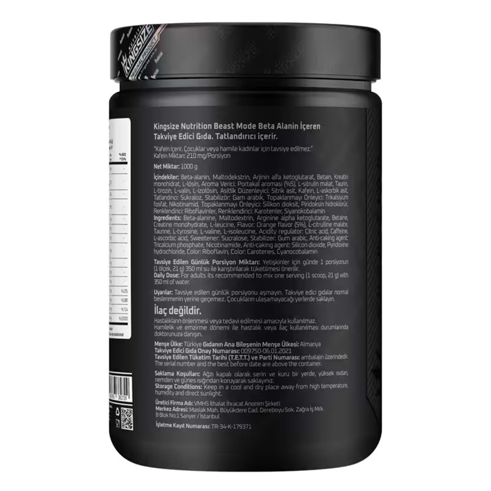 Kingsize Nutrition Beast Mode Portakal 1000 G