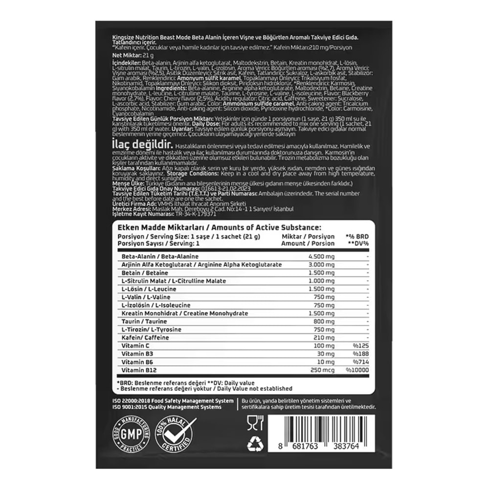 Kingsize Nutrition Beast Mode Kırmızı Meyveler 21 G
