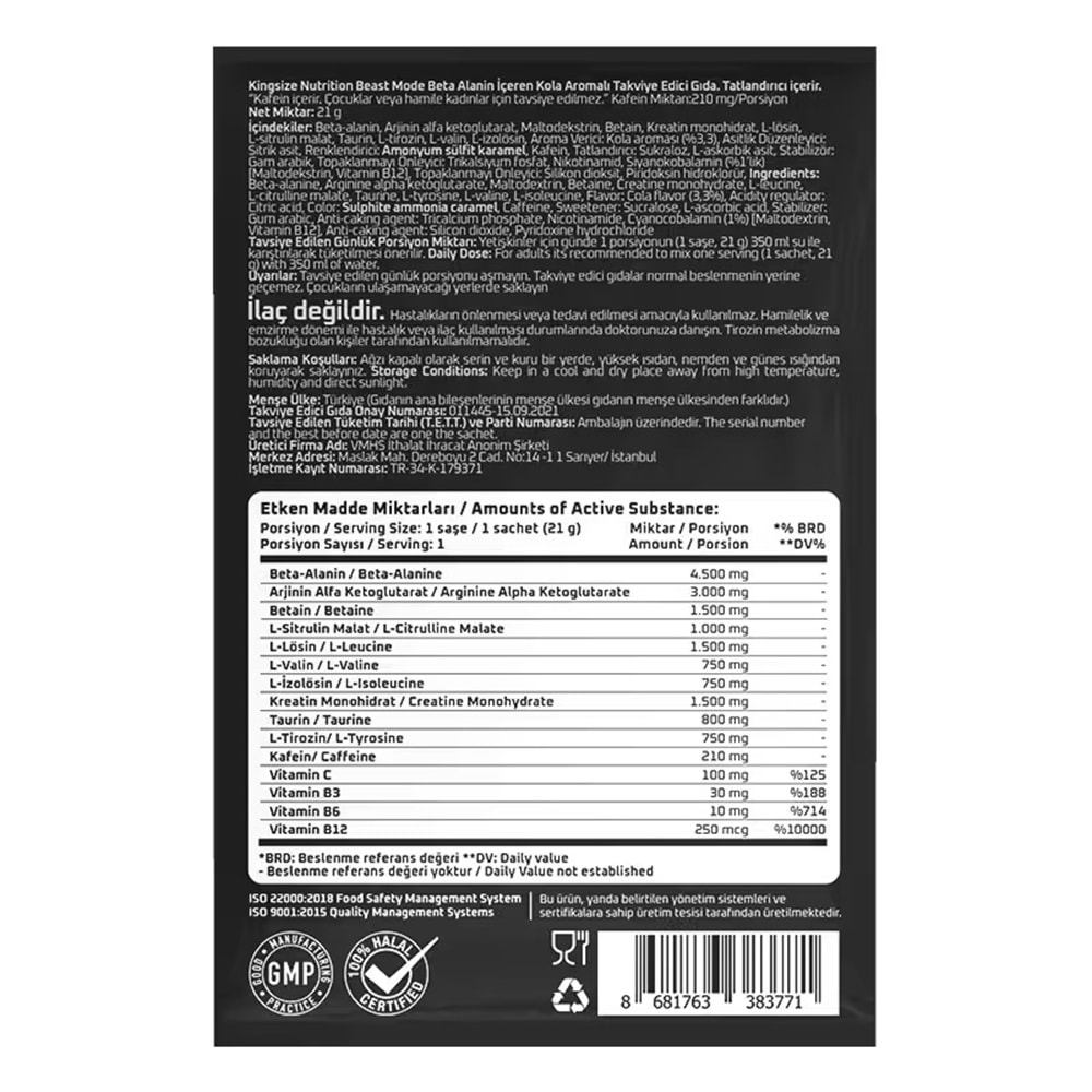 Kingsize Nutrition Beast Mode Kola 21 G